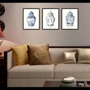 Vintage Blue & White China Print Chinoiserie Vase Wall Art Decor 3 prints 8.5x11